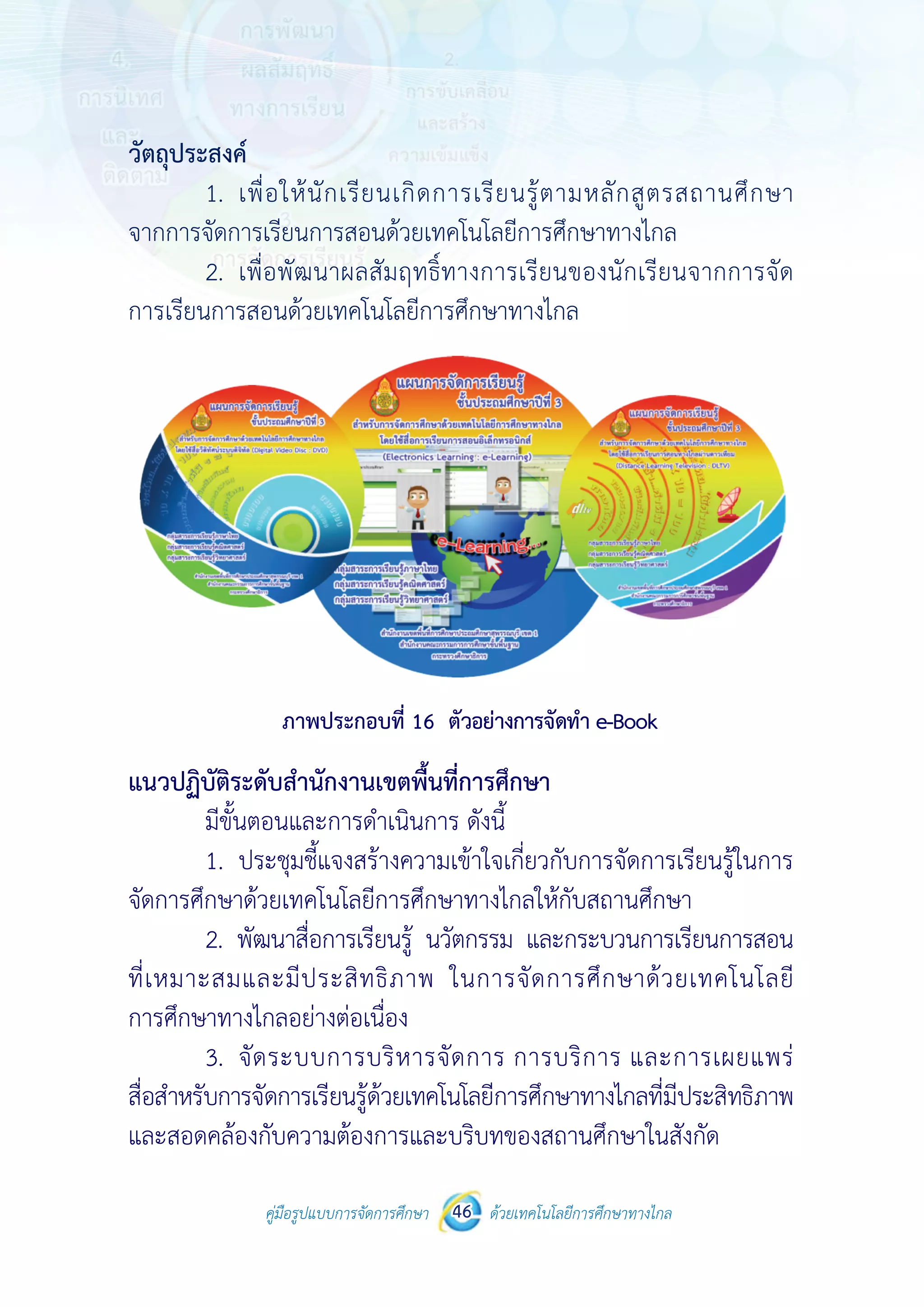 คู่มือรูปแบบการจัดการศึกษา ด้วยเทคโนโลยีการศึกษาทางไกล46
 
วัตถุประสงค
1.
จากการจัดก
2.
การเรียนการ
แนวปฏิบัติร
มีขั้น
1.
จัดการศึกษา
2. พ
ที่เหมาะสม
การศึกษาทา
3.
สื่อสําหรับกา
และสอดคล้อ
คู่มือรูปแบบ
ค์
เพื่อให้นักเรี
การเรียนการส
เพื่อพัฒนาผ
รสอนด้วยเทค
ภาพประก
ระดับสํานักงา
นตอนและการ
ประชุมชี้แจงส
าด้วยเทคโนโล
พัฒนาสื่อการ
มและมีประสิ
างไกลอย่างต่อ
จัดระบบการ
ารจัดการเรียน
องกับความต้อ
บการจัดการศึกษา 46
รียนเกิดการ
สอนด้วยเทคโน
ลสัมฤทธิ์ทาง
คโนโลยีการศึก
กอบที่ 16 ตัวอ
านเขตพื้นที่ก
รดําเนินการ ด
สร้างความเข้า
ลยีการศึกษาท
รเรียนรู้ นวัตก
สิทธิภาพ ใน
อเนื่อง
รบริหารจัดก
รู้ด้วยเทคโนโล
องการและบริ
 
ด้วยเทคโนโลยีการศึกษาทา
 
เรียนรู้ตามห
นโลยีการศึกษ
งการเรียนขอ
กษาทางไกล
อย่างการจัดทํา
ารศึกษา
ดังนี้
าใจเกี่ยวกับก
ทางไกลให้กับส
กรรม และกระ
นการจัดการศึ
การ การบริก
ลยีการศึกษาท
ริบทของสถาน
างไกล
หลักสูตรสถ
ษาทางไกล
องนักเรียนจา
e-Book
การจัดการเรีย
สถานศึกษา
ะบวนการเรียน
ศึกษาด้วยเท
การ และการ
ทางไกลที่มีประ
นศึกษาในสังกั
านศึกษา
ากการจัด
ยนรู้ในการ
นการสอน
ทคโนโลยี
รเผยแพร่
ะสิทธิภาพ
ัด
 
วัตถุประสงค
1.
จากการจัดก
2.
การเรียนการ
แนวปฏิบัติร
มีขั้น
1.
จัดการศึกษา
2. พ
ที่เหมาะสม
การศึกษาทา
3.
สื่อสําหรับกา
และสอดคล้อ
คู่มือรูปแบบ
ค์
เพื่อให้นักเรี
การเรียนการส
เพื่อพัฒนาผ
รสอนด้วยเทค
ภาพประก
ระดับสํานักงา
นตอนและการ
ประชุมชี้แจงส
าด้วยเทคโนโล
พัฒนาสื่อการ
มและมีประสิ
างไกลอย่างต่อ
จัดระบบการ
ารจัดการเรียน
องกับความต้อ
บการจัดการศึกษา 46
รียนเกิดการ
สอนด้วยเทคโน
ลสัมฤทธิ์ทาง
คโนโลยีการศึก
กอบที่ 16 ตัวอ
านเขตพื้นที่ก
รดําเนินการ ด
สร้างความเข้า
ลยีการศึกษาท
รเรียนรู้ นวัตก
สิทธิภาพ ใน
อเนื่อง
รบริหารจัดก
รู้ด้วยเทคโนโล
องการและบริ
 
ด้วยเทคโนโลยีการศึกษาทา
 
เรียนรู้ตามห
นโลยีการศึกษ
งการเรียนขอ
กษาทางไกล
อย่างการจัดทํา
ารศึกษา
ดังนี้
าใจเกี่ยวกับก
ทางไกลให้กับส
กรรม และกระ
นการจัดการศึ
การ การบริก
ลยีการศึกษาท
ริบทของสถาน
างไกล
หลักสูตรสถ
ษาทางไกล
องนักเรียนจา
e-Book
การจัดการเรีย
สถานศึกษา
ะบวนการเรียน
ศึกษาด้วยเท
การ และการ
ทางไกลที่มีประ
นศึกษาในสังกั
านศึกษา
ากการจัด
ยนรู้ในการ
นการสอน
ทคโนโลยี
รเผยแพร่
ะสิทธิภาพ
ัด
 