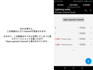 PAYを押すと、
この画面のように1satoshiが受金されます。
ちなみに、この画面はチャネルを閉じてしまった後
スクリーンショットを撮ったので
“Open payment channel”と表示されています。
 