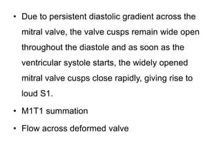 • Due to persistent diastolic gradient across the
mitral valve, the valve cusps remain wide open
throughout the diastole and as soon as the
ventricular systole starts, the widely opened
mitral valve cusps close rapidly, giving rise to
loud S1.
• M1T1 summation
• Flow across deformed valve
 