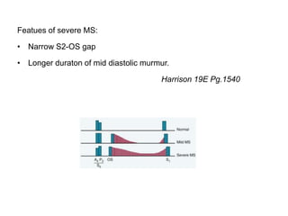 Featues of severe MS:
• Narrow S2-OS gap
• Longer duraton of mid diastolic murmur.
Harrison 19E Pg.1540
 