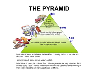 THE PYRAMID I eat a lot of bread and cheese for  breakfast  , I usually for lunch  eat  rice and chicken. I never have  onions. sometimes eat  some cereal, yogurt and oil. I eat a little of pasta, brocoli and fish. I think vegetables are very important for a healthy body. I don´t have a healthy diet because my  pyramid is the contrary of the healthy. Need to eat more vegetables and fruits. Pasta, Brocoli, Strawberries, Fish, nuts and Cream. Cereal, carrots, lettuce, yogurt, Milk, beans, eggs, butter and oil. Rice, bread, potatoes, tomatoes, oranges, cheese, beef, chicken and candy. little some A lot of 