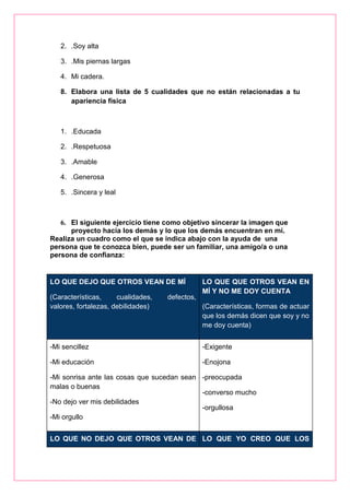 2. .Soy alta
3. .Mis piernas largas
4. Mi cadera.
8. Elabora una lista de 5 cualidades que no están relacionadas a tu
apariencia física
1. .Educada
2. .Respetuosa
3. .Amable
4. .Generosa
5. .Sincera y leal
6. El siguiente ejercicio tiene como objetivo sincerar la imagen que
proyecto hacia los demás y lo que los demás encuentran en mí.
Realiza un cuadro como el que se indica abajo con la ayuda de una
persona que te conozca bien, puede ser un familiar, una amigo/a o una
persona de confianza:
LO QUE DEJO QUE OTROS VEAN DE MÍ
(Características, cualidades, defectos,
valores, fortalezas, debilidades)
LO QUE QUE OTROS VEAN EN
MÍ Y NO ME DOY CUENTA
(Características, formas de actuar
que los demás dicen que soy y no
me doy cuenta)
-Mi sencillez
-Mi educación
-Mi sonrisa ante las cosas que sucedan sean
malas o buenas
-No dejo ver mis debilidades
-Mi orgullo
-Exigente
-Enojona
-preocupada
-converso mucho
-orgullosa
LO QUE NO DEJO QUE OTROS VEAN DE LO QUE YO CREO QUE LOS
 