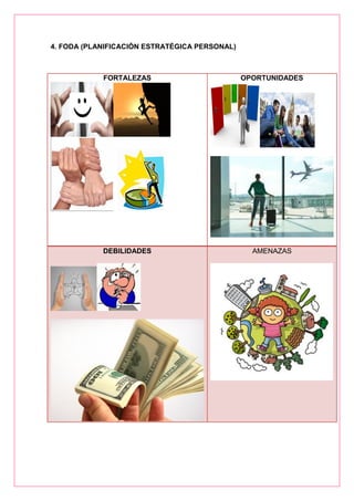 4. FODA (PLANIFICACIÓN ESTRATÉGICA PERSONAL)
FORTALEZAS OPORTUNIDADES
DEBILIDADES AMENAZAS
 