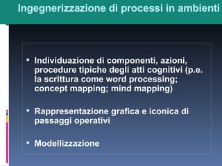 Ingegnerizzazione di processi in ambienti Individuazione di componenti, azioni, procedure tipiche degli atti cognitivi (p.e. la scrittura come word processing; concept mapping; mind mapping) Rappresentazione grafica e iconica di passaggi operativi Modellizzazione 