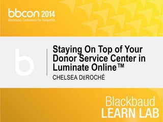 Staying On Top of Your 
Donor Service Center in 
Luminate Online™ 
CHELSEA DEROCHÉ 
 