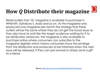 How Q Distribute their magazine
Retail outlets that ‘Q’ magazine is available to purchase in
WHSmith, Sainsbury’s, Asda and so on. As the magazine only
produced one magazine per month the strategy that these
outlets will be the same where they do not get the future issue as
they also have to wait like the target audience waiting for it to
be distributed. Moreover, the magazine is also available to
purchase online where consumers can subscribe to the
magazine digitally which means consumers have the privilege
from the distributors and producers to be informed when the next
issue will be released, if they can pre-owned or simply send a gift
to a friend.
Source: https://pbs.twimg.com/media/BvfLEeyIEAAWFvQ.jpg:large
 