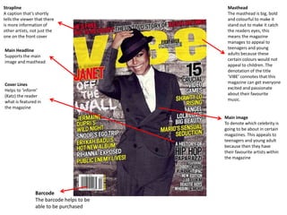Masthead
The masthead is big, bold
and colourful to make it
stand out to make it catch
the readers eyes, this
means the magazine
manages to appeal to
teenagers and young
adults because these
certain colours would not
appeal to children. The
denotation of the title
‘VIBE’ connotes that this
magazine can get everyone
excited and passionate
about their favourite
music.
Main Headline
Supports the main
image and masthead
Main image
To denote which celebrity is
going to be about in certain
magazines. This appeals to
teenagers and young adult
because then they have
their favourite artists within
the magazine
Barcode
The barcode helps to be
able to be purchased
Cover Lines
Helps to ‘inform’
(Katz) the reader
what is featured in
the magazine
Strapline
A caption that’s shortly
tells the viewer that there
is more information of
other artists, not just the
one on the front cover
 