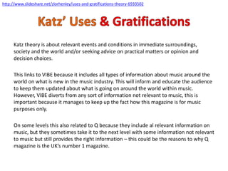 Katz theory is about relevant events and conditions in immediate surroundings,
society and the world and/or seeking advice on practical matters or opinion and
decision choices.
This links to VIBE because it includes all types of information about music around the
world on what is new in the music industry. This will inform and educate the audience
to keep them updated about what is going on around the world within music.
However, VIBE diverts from any sort of information not relevant to music, this is
important because it manages to keep up the fact how this magazine is for music
purposes only.
On some levels this also related to Q because they include al relevant information on
music, but they sometimes take it to the next level with some information not relevant
to music but still provides the right information – this could be the reasons to why Q
magazine is the UK’s number 1 magazine.
http://www.slideshare.net/zlorhenley/uses-and-gratifications-theory-6933502
 