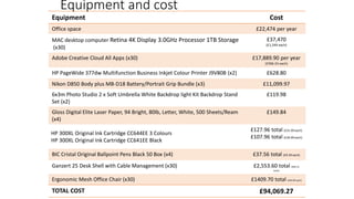 Equipment and cost
Equipment Cost
Office space £22,474 per year
MAC desktop computer Retina 4K Display 3.0GHz Processor 1TB Storage
(x30)
£37,470
(£1,249 each)
Adobe Creative Cloud All Apps (x30) £17,889.90 per year
(£596.33 each)
HP PageWide 377dw Multifunction Business Inkjet Colour Printer J9V80B (x2) £628.80
Nikon D850 Body plus MB-D18 Battery/Portrait Grip Bundle (x3) £11,099.97
6x3m Photo Studio 2 x Soft Umbrella White Backdrop light Kit Backdrop Stand
Set (x2)
£119.98
Gloss Digital Elite Laser Paper, 94 Bright, 80lb, Letter, White, 500 Sheets/Ream
(x4)
£149.84
HP 300XL Original Ink Cartridge CC644EE 3 Colours
HP 300XL Original Ink Cartridge CC641EE Black
£127.96 total (£31.99 each)
£107.96 total (£26.99 each)
BIC Cristal Original Ballpoint Pens Black 50 Box (x4) £37.56 total (£9.39 each)
Ganzert 25 Desk Shell with Cable Management (x30) £2,553.60 total (£85.12
each)
Ergonomic Mesh Office Chair (x30) £1409.70 total (£46.99 each)
TOTAL COST £94,069.27
 