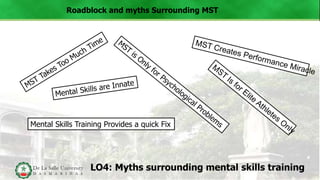 LO4: Myths surrounding mental skills training
Roadblock and myths Surrounding MST
Mental Skills Training Provides a quick Fix
 