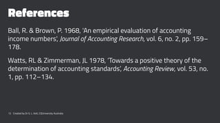 References
Ball, R. & Brown, P. 1968, 'An empirical evaluation of accounting
income numbers', Journal of Accounting Research, vol. 6, no. 2, pp. 159–
178.
Watts, RL & Zimmerman, JL 1978, ‘Towards a positive theory of the
determination of accounting standards’, Accounting Review, vol. 53, no.
1, pp. 112–134.
12 Created by Dr G. L. Ilott, CQUniversity Australia
 