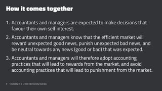 How it comes together
1. Accountants and managers are expected to make decisions that
favour their own self interest.
2. Accountants and managers know that the efficient market will
reward unexpected good news, punish unexpected bad news, and
be neutral towards any news (good or bad) that was expected.
3. Accountants and managers will therefore adopt accounting
practices that will lead to rewards from the market, and avoid
accounting practices that will lead to punishment from the market.
9 Created by Dr G. L. Ilott, CQUniversity Australia
 