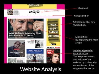 Website Analysis
Masthead
Main article
By displaying the main
article
Advertisement of new
music album
Advertising current
issue of MOJO.
This keeps customers
and visitors of the
website up to date with
current issues of the
magazine that are out.
Navigation Bar
 