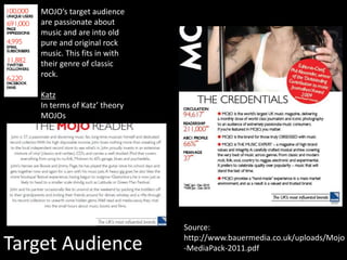 Target Audience
Source:
http://www.bauermedia.co.uk/uploads/Mojo
-MediaPack-2011.pdf
MOJO’s target audience
are passionate about
music and are into old
pure and original rock
music. This fits in with
their genre of classic
rock.
Katz
In terms of Katz’ theory
MOJOs
 