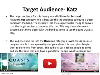 Target Audience- Katz
• The target audience for this theory would fall into the Personal
Relationships category. This is because the the audience can build a closer
bond with the band. The message that the audio visual is trying to convey
that the target audience cant miss this tour. This way the audience can
become a lot more closer with the band by going to see the band COASTS
play.
• The audience also fall into the Diversion category as well. This is because
people are able to escape reality and go and see this band play. People
want to be relived from stress. The audio visual is telling people to come
and see the band play and have a good time. People want to escape and
have a good time.
 