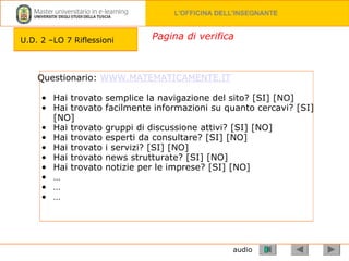 audio Questionario:  WWW.MATEMATICAMENTE.IT Hai trovato semplice la navigazione del sito? [SI] [NO] Hai trovato facilmente informazioni su quanto cercavi? [SI] [NO] Hai trovato gruppi di discussione attivi? [SI] [NO] Hai trovato esperti da consultare? [SI] [NO] Hai trovato i servizi? [SI] [NO] Hai trovato news strutturate? [SI] [NO] Hai trovato notizie per le imprese? [SI] [NO] … … … Pagina di verifica U.D. 2 –LO 7 Riflessioni 