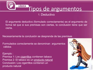 Tipos de argumentos
1. Deductivo
El argumento deductivo (formulado correctamente) es el argumento de
forma tal que si sus premisas son ciertas, la conclusión tiene que ser
cierta.

Necesariamente la conclusión se desprende de las premisas
Formulados correctamente se denominan argumentos
válidos
Ejemplo :
Premisa 1: Los cigarrillos contienen tabaco
Premisa 2: El tabaco es un producto natural
Conclusión: Los cigarrillos contienen un
producto natural

 