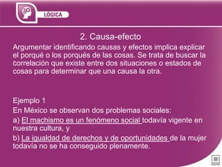2. Causa-efecto
Argumentar identificando causas y efectos implica explicar
el porqué o los porqués de las cosas. Se trata de buscar la
.
correlación que existe entre dos situaciones o estados de
cosas para determinar que una causa la otra.

Ejemplo 1
En México se observan dos problemas sociales:
a) El machismo es un fenómeno social todavía vigente en
nuestra cultura, y
b) La igualdad de derechos y de oportunidades de la mujer
todavía no se ha conseguido plenamente.

 