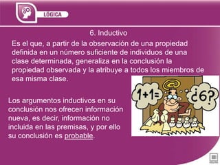 6. Inductivo
Es el que, a partir de la observación de una propiedad
definida en un número suficiente de individuos de una
clase determinada, generaliza en la conclusión la
propiedad observada y la atribuye a todos los miembros de
esa misma clase.

Los argumentos inductivos en su
conclusión nos ofrecen información
nueva, es decir, información no
incluida en las premisas, y por ello
su conclusión es probable.

 