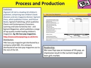Process and Production
Published-
•Egmont UK Ltd is a leading UK children’s
publisher, comprising two children’s book
divisions and one magazine division: Egmont
Press, which publishes Fiction, and Picture
Books; Egmont Publishing, which publishes
Classic and Contemporary Characters,
Learning and Color & Activity lists - and
Egmont Magazines, which publishes a range
of top quality market-leading children’s
magazines. Eg; We love pop magazines.
http://www.welovepopmag.co.uk/terms
Distribution-
•We love pop magazine get distributed by a
company called ABC, this company
distributed all we love pop magazines out to
the rest of the UK.
Readership-
We Love Pop saw an increase of 5% pop, an
impressive result in the current tough pre-
teen girls market.
 