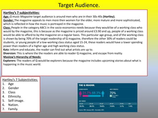 Target Audience.
Hartley’s 7 subjectivities:
Age: Q music Magazine target audience is around men who are in their 30s-40s (Hartley).
Gender: The magazine appeals to men more then women For the older, more mature and more sophisticated,
which is reflected in how the music is portrayed in the magazine.
Class: People in the category ABC1 in the socio-economics needs because they would be of a working class who
would by the magazine, this is because as the magazine is priced around £3.90 and up, people of a working class
would be able to afford to by the magazine on a regular basis. This particular age group, and of the working class
is shown by being 70% of the target readership of Q magazine, therefore the other 30% of readers could be
students, or young people of a low-working class status aged 15-24, these readers would have a lower spending
power than readers of a higher age and high working class status.
Katz: Inform and educate, the reader can find out what artists are up to.
Diversion: This is where the the readers are able to reader Q magazine, and escape from reality.
Maslow’s Hierarchy of Needs:
Explorers: The readers of Q would be explorers because the magazine includes upcoming stories about what is
happening in the music world.
Hartley’s 7 Subjectivities:
1. Age
2. Gender
3. Class
4. Ethnicity.
5. Self-image.
6. Nation.
7. Family.
 