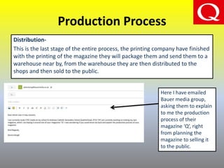 Production Process
Distribution-
This is the last stage of the entire process, the printing company have finished
with the printing of the magazine they will package them and send them to a
warehouse near by, from the warehouse they are then distributed to the
shops and then sold to the public.
Here I have emailed
Bauer media group,
asking them to explain
to me the production
process of their
magazine ‘Q’, right
from planning the
magazine to selling it
to the public.
 