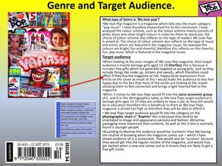 Genre and Target Audience.
What type of Genre is ‘We love pop’?
•We love Pop magazine is a magazine which falls into the music category
“pop music”. I have therefore researched this to this conclusion, I have
analysed the colour scheme, such as the colour scheme mainly consists of
pinks, blues and other bright colours in order for them to stand out, the
choice of colour scheme also reflects on the type of readers We Love Pop
is aimed at. The choice of colour scheme also reflects on the type of music
and artists which are featured in the magazine issues, for example the
colours are bright, fun and cheerful, therefore this reflects on the cheerful,
fun, pop music which is featured in the magazine issues.
Target audience
•When looking at the main images of We Love Pop magazine, their target
audience is mainly teenage girls aged 13-18 (Hartley) this is because it
includes free gifts which are generally targeted at young girls, such as they
include things like make up, stickers and sweets, which therefore could
affect if they buy the magazine or not. Happy facial expressions from
artists on the cover as result of this I would make the audience to also feel
happy due to the fact that most of the artists are looking at the reader
allowing them to feel connected and brings a light-hearted feel to the
magazine.
•When it comes to We love Pops would fit into the socio-economic group
of E, and D in the demographics table, as We love Pops target audience is
teenage girls ages 13-15 they are unlikely to have a job, as they still would
be in education therefore this is beneficial to them as We love Pops
magazine is priced too high so therefore they will be able to afford it.
• We love Pops target audience would fit into the category on the
physiographic chart of “Aspires” this is because they tend to be
orientated to image and appearance persona and fashion. Attractive
packaging more important then contents. As well as this it this is normally
found is younger people.
•According to Maslow the audience would be ‘survivors’ they like having
the routine of knowing when the magazine comes out – which I have
shown evidence of in a screenshot. They would also be ‘survioirs’ because
they would get into the regular routine of the magazine, and would may
get excited when a new one comes out as it means they are likely to get a
free gift inside.
 