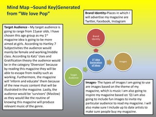 .
1st idea
Generation
of Ideas
Brand
Identity
Images
Target
Audience
Target Audience - My target audience is
going to range from 11year olds. I have
chosen this age group as my 1st
magazine idea is going to be more
aimed at girls. According to Hartley 7
Subjectivities the audience would
mainly be female and working/middle
class. According to Katz’ Uses and
Gratification theory the audience would
be in the category ‘Diversion’ because
by reading this magazine they will be
able to escape from reality such as
working. Furthermore, the magazine
will ‘inform and educate’ them because
of the new music content that will be
illustrated in the magazine. Lastly, the
audience would be ‘survivors’ (Maslow)
as they would like the routine of
knowing this magazine will produce
relevant music of the genre.
Brand Identity-Places in which I
will advertise my magazine are
Twitter, Facebook, Instagram
Images- The types of images I am going to use
are images based on the theme of my
magazine, which is music I am also going to
inspire my magazine based on ‘Q.I am also
going to include fun images to invite my
particular audience to read my magazine. I will
also make sure I include up to date artists to
make sure people buy my magazine.
Mind Map –Sound Key(Generated
from “We love Pop”
 