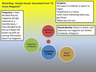 Generation
of Ideas
Masthead
Names
Brand
Identity
Frequency
of Release
Brand Identity- Places in which I will
advertise my magazine are Twitter,
Facebook, Instagram.
Strapline -
•If it wasn’t in VOGUE, it wasn’t in
vogue.
•Impatience is a virtue.
•Life’s more interesting when you
get Closer.
•News you can use.
Frequency- I have
decided that my
magazine will get
released on a
monthly basis, I
have decided to do
this as it keeps the
buyers up with up
coming information
about my magazine.
Mind Map –Simply Sound- Generated from “Q
music Magazine”
 