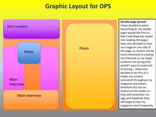 Graphic Layout for DPS
Main headline
Photo
Main
Interview
Double page spread-
I have decided to place
everything on my double
page spread like this as I
feel it will draw the reader
into reading the page,I
have also decided to have
my image on one side of
the page, as readers will be
more interested in reading
my interview as my target
audience are young they
would’t want to read a lot
of writing.. I have also
decided to do this as it
makes my content
consistent throughout my
magazine and means
therefore this has an
impact on the reader as
they will remember my
logo and hopefully they
will begin to buy my
magazine more frequently.
Photo
Main interview
 
