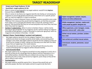 TARGET READERSHIP
• Simply sound Target Audience: 15-18+
• Sound Key’s target audience:13-16+
• When it comes to psychographics my target audience would fit into Aspirers
because they are SEEK STATUS.
• When it comes to my theory my magazine best fits into Hartley as I am basing my
magazine on around age,gender,and ethnicity. There there isn't a specific person
who can read my magazine it is open to everyone.
• Katz: When it comes to Maslow's theory my target audience would be come under
‘Diversion’ this is because they would read my magazine, so that they can escape
from reality, such as everyday life whether that is school life, working or life in
general. They would feel like they are not worrying about any issues they may have
when they read my magazine.
• Hartley’s 7 subjectivities; When it comes to Hartley’s theory I will be mainly
focusing on age and gender for my magazine, by this I will be making my magazine
accessible to both genders, as well as focusing on a particular age group I want my
magazine to be aimed at- (Final Idea – 15-18+)
Maslow’s Theory: ‘Social climbers’ ‘survivors’ and ‘explorers’.
• My target audience would fit into the category ‘Explores’ this is where the
audience are driven to change caused by social media, and everything which
changes in the media. My target audience would fit into this category as they are
driven by the change of media, making sure they keep up to date with the latest
issues that are happening in the media industry.
• They would also be a part of ‘Survivors’ as they will want the security and a
routine of knowing that my magazine will be released monthly.
• Socio-Economic Need:
• My target audience for my magazine would full in to the categories E and D, this is
because as they are of a young age they are likely to still be in education or in a
semi-skilled workers, therefore they are unlikely to be earning a lot of money
therefore this links in how I have priced my magazine, quite cheap so they will be
able to afford it each month.
• Psychographics:
• My target audience would be aspires this is because they would look up to
particular people, like their role models and aim to aspire to be like them.
 