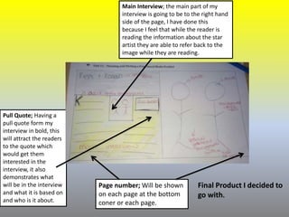 Main Interview; the main part of my
interview is going to be to the right hand
side of the page, I have done this
because I feel that while the reader is
reading the information about the star
artist they are able to refer back to the
image while they are reading.
Pull Quote; Having a
pull quote form my
interview in bold, this
will attract the readers
to the quote which
would get them
interested in the
interview, it also
demonstrates what
will be in the interview
and what it is based on
and who is it about.
Page number; Will be shown
on each page at the bottom
coner or each page.
Final Product I decided to
go with.
 