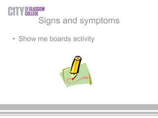 Signs and symptoms
• Show me boards activity
