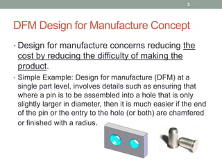 DFM Design for Manufacture Concept
• Design for manufacture concerns reducing the
cost by reducing the difficulty of making the
product.
• Simple Example: Design for manufacture (DFM) at a
single part level, involves details such as ensuring that
where a pin is to be assembled into a hole that is only
slightly larger in diameter, then it is much easier if the end
of the pin or the entry to the hole (or both) are chamfered
or finished with a radius.
3
 