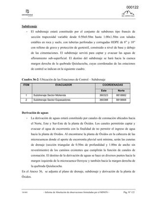 14-041 - Informe de Absolución de observaciones formuladas por el MINEN - Pág. Nº 122
Subdrenaje
- El subdrenaje estará constituido por el conjunto de subdrenes tipo francés de
sección trapezoidal variable desde 0.50x0.50m hasta 1.00x1.50m con taludes
estables en roca y suelo, con tuberías perforadas y corrugadas HDPE de 8” y 10”
con relleno de grava y protección de geotextil, construido a nivel de base y debajo
de las cimentaciones. El subdrenaje servirá para captar y evacuar las aguas de
afloramiento sub-superficial. El destino del subdrenaje se hará hacia la cuenca
margen derecha de la quebrada Quiulacocha, cuyas coordenadas de las estaciones
de control se indican en la siguiente cuadro.
Cuadro 36-2: Ubicación de las Estaciones de Control – Subdrenaje
ITEM EVACUADOR COORDENADAS
Este Norte
1 Subdrenaje Sector Molienda 360323 8818882
2 Subdrenaje Sector Espesadores 360388 8818668
Derivación de aguas
- La derivación de aguas estará constituido por canales de coronación ubicados hacia
el Norte, Este y Sur-Este de la planta de Óxidos. Los canales permitirán captar y
evacuar el agua de escorrentía con la finalidad de no permitir el ingreso de agua
hacia la planta de Oxidos. Al encontrarse la planta de Óxidos en la cabecera de las
microcuencas donde el aporte de escorrentía pluvial será mínima, serán las cunetas
de drenaje (sección triangular de 0.50m de profundidad y 1.00m de ancho sin
revestimiento) de los caminos existentes que cumplirán la función de canales de
coronación. El destino de la derivación de aguas se hace en diversos puntos hacia la
margen izquierda de la microcuenca Ocroyoc y también hacia la margen derecha de
la quebrada Quiulacocha.
En el Anexo 36, se adjunta el plano de drenaje, subdrenaje y derivación de la planta de
Óxidos.
000122
 
