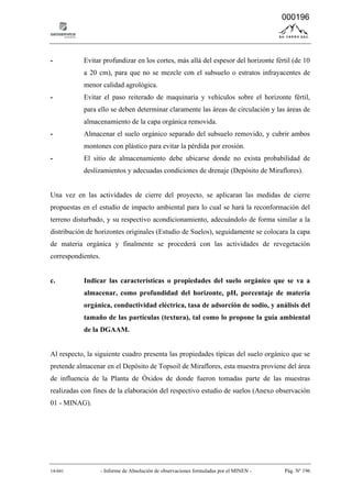14-041 - Informe de Absolución de observaciones formuladas por el MINEN - Pág. Nº 196
- Evitar profundizar en los cortes, más allá del espesor del horizonte fértil (de 10
a 20 cm), para que no se mezcle con el subsuelo o estratos infrayacentes de
menor calidad agrológica.
- Evitar el paso reiterado de maquinaria y vehículos sobre el horizonte fértil,
para ello se deben determinar claramente las áreas de circulación y las áreas de
almacenamiento de la capa orgánica removida.
- Almacenar el suelo orgánico separado del subsuelo removido, y cubrir ambos
montones con plástico para evitar la pérdida por erosión.
- El sitio de almacenamiento debe ubicarse donde no exista probabilidad de
deslizamientos y adecuadas condiciones de drenaje (Depósito de Miraflores).
Una vez en las actividades de cierre del proyecto, se aplicaran las medidas de cierre
propuestas en el estudio de impacto ambiental para lo cual se hará la reconformación del
terreno disturbado, y su respectivo acondicionamiento, adecuándolo de forma similar a la
distribución de horizontes originales (Estudio de Suelos), seguidamente se colocara la capa
de materia orgánica y finalmente se procederá con las actividades de revegetación
correspondientes.
c. Indicar las características o propiedades del suelo orgánico que se va a
almacenar, como profundidad del horizonte, pH, porcentaje de materia
orgánica, conductividad eléctrica, tasa de adsorción de sodio, y análisis del
tamaño de las partículas (textura), tal como lo propone la guía ambiental
de la DGAAM.
Al respecto, la siguiente cuadro presenta las propiedades típicas del suelo orgánico que se
pretende almacenar en el Depósito de Topsoil de Miraflores, esta muestra proviene del área
de influencia de la Planta de Óxidos de donde fueron tomadas parte de las muestras
realizadas con fines de la elaboración del respectivo estudio de suelos (Anexo observación
01 - MINAG).
000196
 