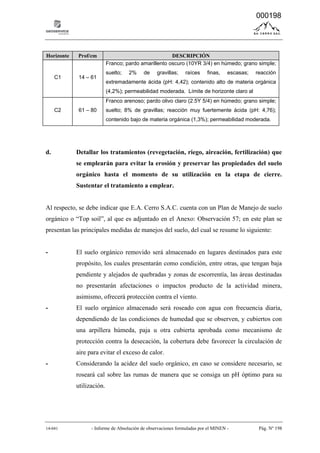 14-041 - Informe de Absolución de observaciones formuladas por el MINEN - Pág. Nº 198
Horizonte Prof/cm DESCRIPCIÓN
C1 14 – 61
Franco; pardo amarillento oscuro (10YR 3/4) en húmedo; grano simple;
suelto; 2% de gravillas; raíces finas, escasas; reacción
extremadamente ácida (pH: 4,42); contenido alto de materia orgánica
(4,2%); permeabilidad moderada. Límite de horizonte claro al
C2 61 – 80
Franco arenoso; pardo olivo claro (2.5Y 5/4) en húmedo; grano simple;
suelto; 8% de gravillas; reacción muy fuertemente ácida (pH: 4,76);
contenido bajo de materia orgánica (1,3%); permeabilidad moderada.
d. Detallar los tratamientos (revegetación, riego, aireación, fertilización) que
se emplearán para evitar la erosión y preservar las propiedades del suelo
orgánico hasta el momento de su utilización en la etapa de cierre.
Sustentar el tratamiento a emplear.
Al respecto, se debe indicar que E.A. Cerro S.A.C. cuenta con un Plan de Manejo de suelo
orgánico o “Top soil”, al que es adjuntado en el Anexo: Observación 57; en este plan se
presentan las principales medidas de manejos del suelo, del cual se resume lo siguiente:
- El suelo orgánico removido será almacenado en lugares destinados para este
propósito, los cuales presentarán como condición, entre otras, que tengan baja
pendiente y alejados de quebradas y zonas de escorrentía, las áreas destinadas
no presentarán afectaciones o impactos producto de la actividad minera,
asimismo, ofrecerá protección contra el viento.
- El suelo orgánico almacenado será roseado con agua con frecuencia diaria,
dependiendo de las condiciones de humedad que se observen, y cubiertos con
una arpillera húmeda, paja u otra cubierta aprobada como mecanismo de
protección contra la desecación, la cobertura debe favorecer la circulación de
aire para evitar el exceso de calor.
- Considerando la acidez del suelo orgánico, en caso se considere necesario, se
roseará cal sobre las rumas de manera que se consiga un pH óptimo para su
utilización.
000198
 