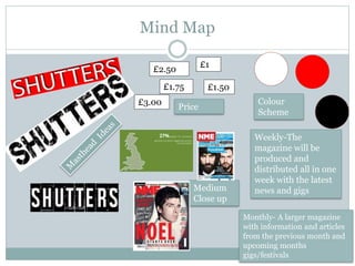 Mind Map
Colour
Scheme
Price
£1
£1.50£1.75
£2.50
£3.00
Medium
Close up
Weekly-The
magazine will be
produced and
distributed all in one
week with the latest
news and gigs
Monthly- A larger magazine
with information and articles
from the previous month and
upcoming months
gigs/festivals
 