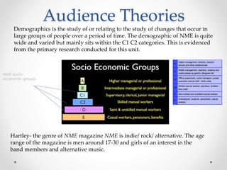Audience Theories
NME socio-
economic groups.
Hartley- the genre of NME magazine NME is indie/ rock/ alternative. The age
range of the magazine is men around 17-30 and girls of an interest in the
band members and alternative music.
Demographics is the study of or relating to the study of changes that occur in
large groups of people over a period of time. The demographic of NME is quite
wide and varied but mainly sits within the C1 C2 categories. This is evidenced
from the primary research conducted for this unit.
 