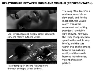 RELATIONSHIP BETWEEN MUSIC AND VISUALS (REPRESENTATON)


                                                  The song ‘Blue Jeans’ is a
                                                  mid-tempo and almost
                                                  slow track, and for the
                                                  most part, the visuals
                                                  match this as the
                                                  movement and editing
                                                  pace (cuts) are fairly
   Mid- tempo/slow and mellow part of song with   slow-moving, however,
   slow and mellow cuts and visuals               the track changes tempo
                                                  speed in the middle very
                                                  briefly, and the cuts
                                                  within this brief moment
                                                  become dramatically
                                                  rapid, and the visuals
                                                  become more intense,
                                                  violent and action-
                                                  packed.
   Faster tempo part of song features more
   dramatic and rapid visuals and cuts.
 