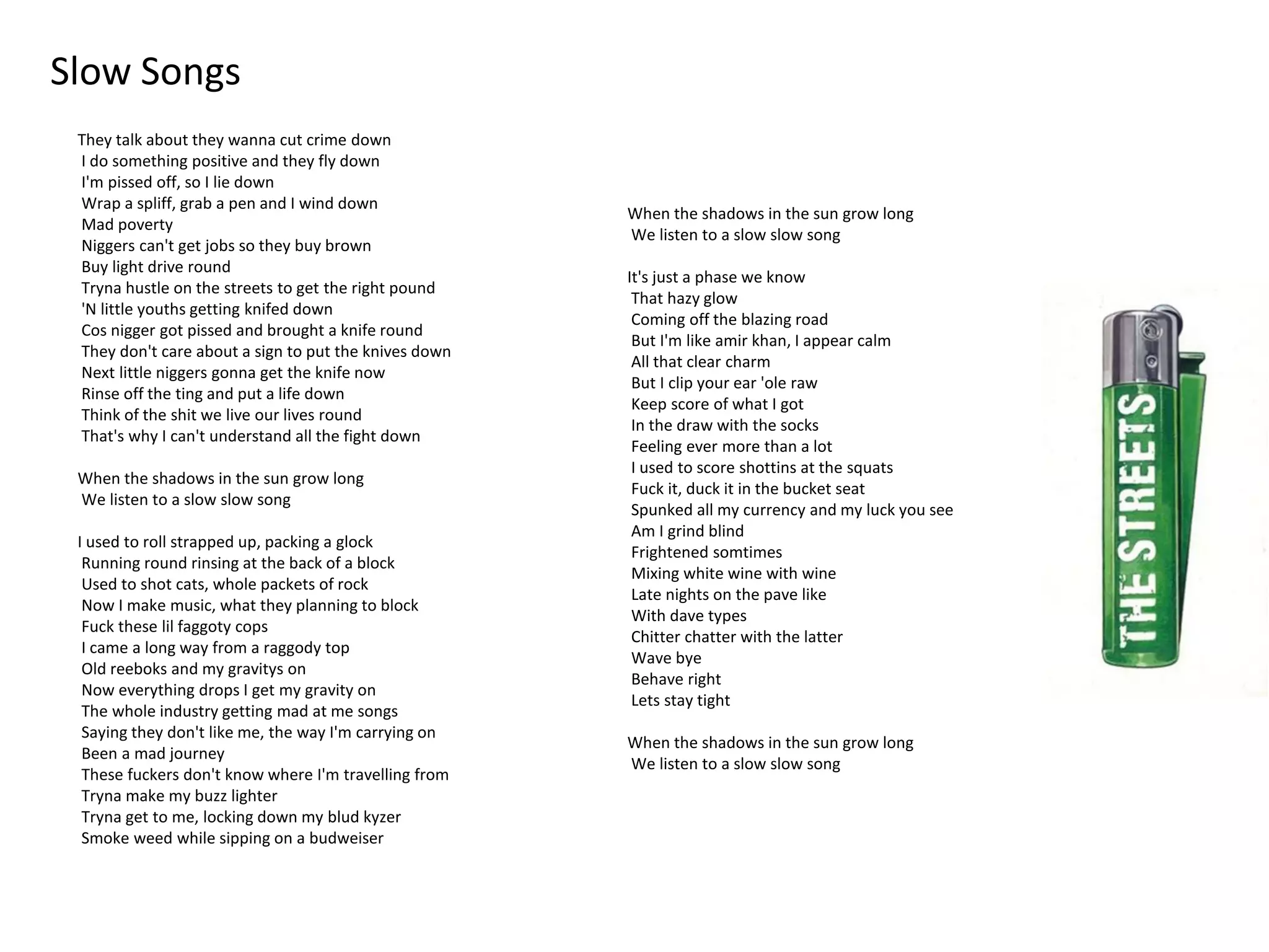 Slow Songs
 They talk about they wanna cut crime down
 I do something positive and they fly down
 I'm pissed off, so I lie down
 Wrap a spliff, grab a pen and I wind down
                                                       When the shadows in the sun grow long
 Mad poverty
                                                       We listen to a slow slow song
 Niggers can't get jobs so they buy brown
 Buy light drive round
                                                       It's just a phase we know
 Tryna hustle on the streets to get the right pound
                                                        That hazy glow
 'N little youths getting knifed down
                                                        Coming off the blazing road
 Cos nigger got pissed and brought a knife round
                                                        But I'm like amir khan, I appear calm
 They don't care about a sign to put the knives down
                                                        All that clear charm
 Next little niggers gonna get the knife now
                                                        But I clip your ear 'ole raw
 Rinse off the ting and put a life down
                                                        Keep score of what I got
 Think of the shit we live our lives round
                                                        In the draw with the socks
 That's why I can't understand all the fight down
                                                        Feeling ever more than a lot
                                                        I used to score shottins at the squats
 When the shadows in the sun grow long
                                                        Fuck it, duck it in the bucket seat
 We listen to a slow slow song
                                                        Spunked all my currency and my luck you see
                                                        Am I grind blind
 I used to roll strapped up, packing a glock
                                                        Frightened somtimes
  Running round rinsing at the back of a block
                                                        Mixing white wine with wine
  Used to shot cats, whole packets of rock
                                                        Late nights on the pave like
  Now I make music, what they planning to block
                                                        With dave types
  Fuck these lil faggoty cops
                                                        Chitter chatter with the latter
  I came a long way from a raggody top
                                                        Wave bye
  Old reeboks and my gravitys on
                                                        Behave right
  Now everything drops I get my gravity on
                                                        Lets stay tight
  The whole industry getting mad at me songs
  Saying they don't like me, the way I'm carrying on
                                                       When the shadows in the sun grow long
  Been a mad journey
                                                       We listen to a slow slow song
  These fuckers don't know where I'm travelling from
  Tryna make my buzz lighter
  Tryna get to me, locking down my blud kyzer
  Smoke weed while sipping on a budweiser
 
