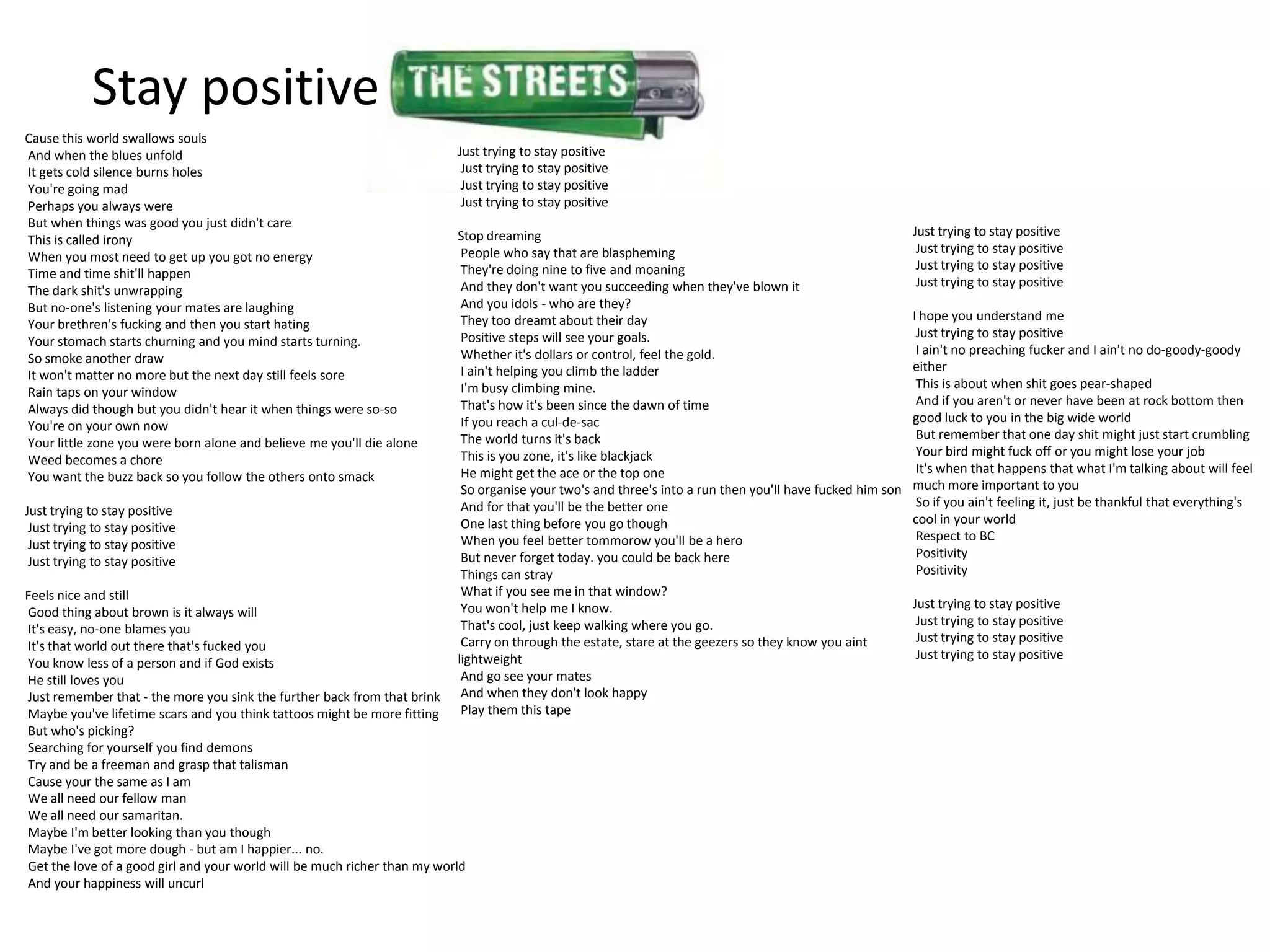 Stay positive
Cause this world swallows souls
And when the blues unfold                                                 Just trying to stay positive
It gets cold silence burns holes                                           Just trying to stay positive
You're going mad                                                           Just trying to stay positive
Perhaps you always were                                                    Just trying to stay positive
But when things was good you just didn't care
                                                                          Stop dreaming                                                                    Just trying to stay positive
This is called irony
                                                                           People who say that are blaspheming                                              Just trying to stay positive
When you most need to get up you got no energy
                                                                           They're doing nine to five and moaning                                           Just trying to stay positive
Time and time shit'll happen
                                                                           And they don't want you succeeding when they've blown it                         Just trying to stay positive
The dark shit's unwrapping
But no-one's listening your mates are laughing                             And you idols - who are they?
                                                                           They too dreamt about their day                                                 I hope you understand me
Your brethren's fucking and then you start hating
                                                                           Positive steps will see your goals.                                              Just trying to stay positive
Your stomach starts churning and you mind starts turning.
                                                                           Whether it's dollars or control, feel the gold.                                  I ain't no preaching fucker and I ain't no do-goody-goody
So smoke another draw
                                                                           I ain't helping you climb the ladder                                            either
It won't matter no more but the next day still feels sore
                                                                           I'm busy climbing mine.                                                          This is about when shit goes pear-shaped
Rain taps on your window
                                                                           That's how it's been since the dawn of time                                      And if you aren't or never have been at rock bottom then
Always did though but you didn't hear it when things were so-so
                                                                           If you reach a cul-de-sac                                                       good luck to you in the big wide world
You're on your own now
                                                                           The world turns it's back                                                        But remember that one day shit might just start crumbling
Your little zone you were born alone and believe me you'll die alone
                                                                           This is you zone, it's like blackjack                                            Your bird might fuck off or you might lose your job
Weed becomes a chore
                                                                           He might get the ace or the top one                                              It's when that happens that what I'm talking about will feel
You want the buzz back so you follow the others onto smack
                                                                           So organise your two's and three's into a run then you'll have fucked him son   much more important to you
                                                                           And for that you'll be the better one                                            So if you ain't feeling it, just be thankful that everything's
Just trying to stay positive
                                                                           One last thing before you go though                                             cool in your world
 Just trying to stay positive
                                                                           When you feel better tommorow you'll be a hero                                   Respect to BC
 Just trying to stay positive
                                                                           But never forget today. you could be back here                                   Positivity
 Just trying to stay positive
                                                                           Things can stray                                                                 Positivity
Feels nice and still                                                       What if you see me in that window?
                                                                           You won't help me I know.                                                       Just trying to stay positive
Good thing about brown is it always will
                                                                           That's cool, just keep walking where you go.                                     Just trying to stay positive
It's easy, no-one blames you
                                                                           Carry on through the estate, stare at the geezers so they know you aint          Just trying to stay positive
It's that world out there that's fucked you
                                                                          lightweight                                                                       Just trying to stay positive
You know less of a person and if God exists
He still loves you                                                         And go see your mates
Just remember that - the more you sink the further back from that brink    And when they don't look happy
Maybe you've lifetime scars and you think tattoos might be more fitting    Play them this tape
But who's picking?
Searching for yourself you find demons
Try and be a freeman and grasp that talisman
Cause your the same as I am
We all need our fellow man
We all need our samaritan.
Maybe I'm better looking than you though
Maybe I've got more dough - but am I happier... no.
Get the love of a good girl and your world will be much richer than my world
And your happiness will uncurl
 