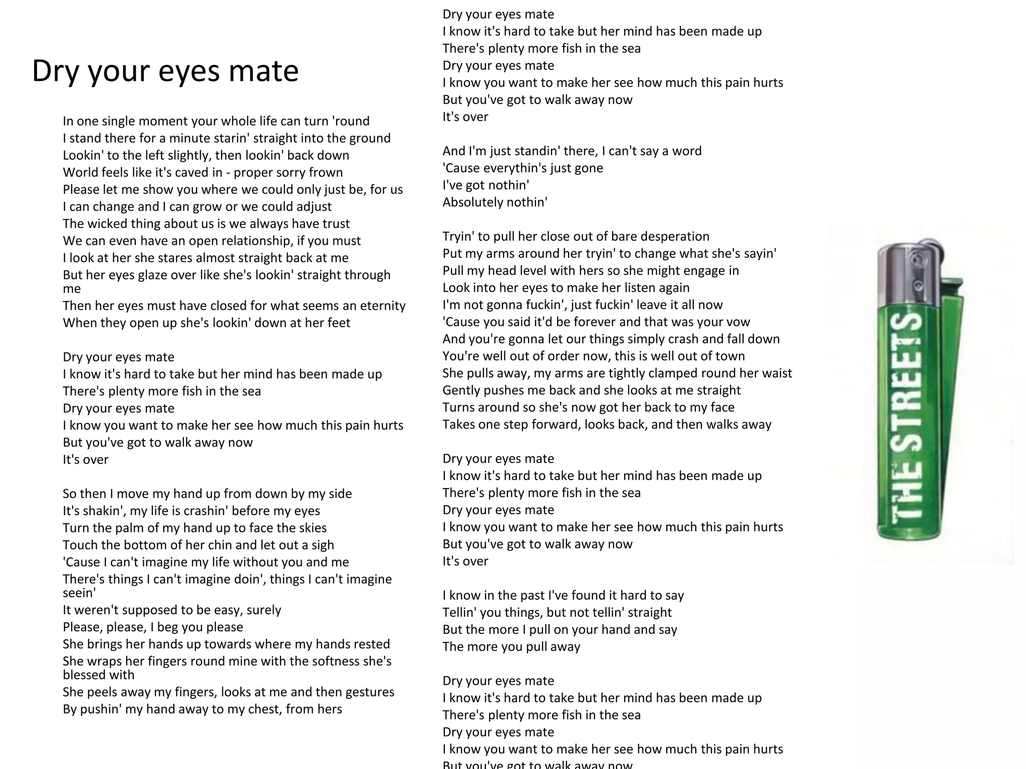 Dry your eyes mate
                                                                 I know it's hard to take but her mind has been made up
                                                                 There's plenty more fish in the sea

Dry your eyes mate                                               Dry your eyes mate
                                                                 I know you want to make her see how much this pain hurts
                                                                 But you've got to walk away now
  In one single moment your whole life can turn 'round           It's over
  I stand there for a minute starin' straight into the ground
  Lookin' to the left slightly, then lookin' back down           And I'm just standin' there, I can't say a word
  World feels like it's caved in - proper sorry frown            'Cause everythin's just gone
  Please let me show you where we could only just be, for us     I've got nothin'
  I can change and I can grow or we could adjust                 Absolutely nothin'
  The wicked thing about us is we always have trust
  We can even have an open relationship, if you must             Tryin' to pull her close out of bare desperation
  I look at her she stares almost straight back at me            Put my arms around her tryin' to change what she's sayin'
  But her eyes glaze over like she's lookin' straight through    Pull my head level with hers so she might engage in
  me                                                             Look into her eyes to make her listen again
  Then her eyes must have closed for what seems an eternity      I'm not gonna fuckin', just fuckin' leave it all now
  When they open up she's lookin' down at her feet               'Cause you said it'd be forever and that was your vow
                                                                 And you're gonna let our things simply crash and fall down
  Dry your eyes mate                                             You're well out of order now, this is well out of town
  I know it's hard to take but her mind has been made up         She pulls away, my arms are tightly clamped round her waist
  There's plenty more fish in the sea                            Gently pushes me back and she looks at me straight
  Dry your eyes mate                                             Turns around so she's now got her back to my face
  I know you want to make her see how much this pain hurts       Takes one step forward, looks back, and then walks away
  But you've got to walk away now
  It's over                                                      Dry your eyes mate
                                                                 I know it's hard to take but her mind has been made up
  So then I move my hand up from down by my side                 There's plenty more fish in the sea
  It's shakin', my life is crashin' before my eyes               Dry your eyes mate
  Turn the palm of my hand up to face the skies                  I know you want to make her see how much this pain hurts
  Touch the bottom of her chin and let out a sigh                But you've got to walk away now
  'Cause I can't imagine my life without you and me              It's over
  There's things I can't imagine doin', things I can't imagine
  seein'                                                         I know in the past I've found it hard to say
  It weren't supposed to be easy, surely                         Tellin' you things, but not tellin' straight
  Please, please, I beg you please                               But the more I pull on your hand and say
  She brings her hands up towards where my hands rested          The more you pull away
  She wraps her fingers round mine with the softness she's
  blessed with                                                   Dry your eyes mate
  She peels away my fingers, looks at me and then gestures       I know it's hard to take but her mind has been made up
  By pushin' my hand away to my chest, from hers                 There's plenty more fish in the sea
                                                                 Dry your eyes mate
                                                                 I know you want to make her see how much this pain hurts
 
