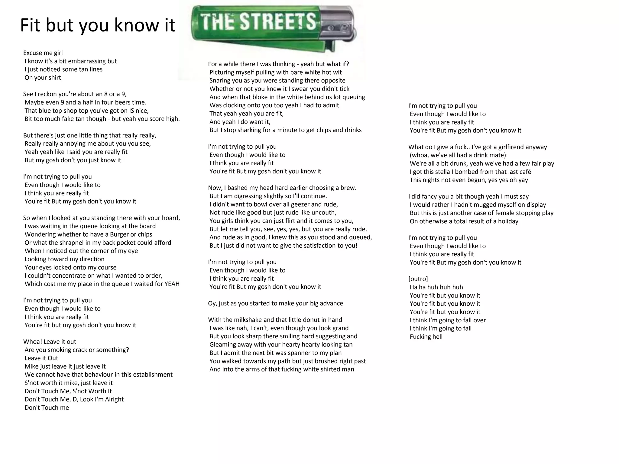 Fit but you know it
Excuse me girl
I know it's a bit embarrassing but                        For a while there I was thinking - yeah but what if?
I just noticed some tan lines                             Picturing myself pulling with bare white hot wit
On your shirt                                             Snaring you as you were standing there opposite
                                                          Whether or not you knew it I swear you didn't tick
See I reckon you're about an 8 or a 9,                    And when that bloke in the white behind us lot queuing
Maybe even 9 and a half in four beers time.               Was clocking onto you too yeah I had to admit                  I'm not trying to pull you
That blue top shop top you've got on IS nice,             That yeah yeah you are fit,                                     Even though I would like to
Bit too much fake tan though - but yeah you score high.   And yeah I do want it,                                          I think you are really fit
                                                          But I stop sharking for a minute to get chips and drinks        You're fit But my gosh don't you know it
But there's just one little thing that really really,
Really really annoying me about you you see,              I'm not trying to pull you                                     What do I give a fuck.. I've got a girlfirend anyway
Yeah yeah like I said you are really fit                   Even though I would like to                                   (whoa, we've all had a drink mate)
But my gosh don't you just know it                         I think you are really fit                                    We're all a bit drunk, yeah we've had a few fair play
                                                           You're fit But my gosh don't you know it                      I got this stella I bombed from that last café
I'm not trying to pull you                                                                                               This nights not even begun, yes yes oh yay
 Even though I would like to                              Now, I bashed my head hard earlier choosing a brew.
 I think you are really fit                               But I am digressing slightly so I'll continue.                 I did fancy you a bit though yeah I must say
 You're fit But my gosh don't you know it                 I didn't want to bowl over all geezer and rude,                 I would rather I hadn't mugged myself on display
                                                          Not rude like good but just rude like uncouth,                  But this is just another case of female stopping play
So when I looked at you standing there with your hoard,   You girls think you can just flirt and it comes to you,         On otherwise a total result of a holiday
I was waiting in the queue looking at the board           But let me tell you, see, yes, yes, but you are really rude,
Wondering whether to have a Burger or chips               And rude as in good, I knew this as you stood and queued,      I'm not trying to pull you
Or what the shrapnel in my back pocket could afford       But I just did not want to give the satisfaction to you!        Even though I would like to
When I noticed out the corner of my eye                                                                                   I think you are really fit
Looking toward my direction                               I'm not trying to pull you                                      You're fit But my gosh don't you know it
Your eyes locked onto my course                            Even though I would like to
I couldn't concentrate on what I wanted to order,          I think you are really fit                                    [outro]
Which cost me my place in the queue I waited for YEAH      You're fit But my gosh don't you know it                       Ha ha huh huh huh
                                                                                                                          You're fit but you know it
I'm not trying to pull you                                Oy, just as you started to make your big advance                You're fit but you know it
 Even though I would like to                                                                                              You're fit but you know it
 I think you are really fit                               With the milkshake and that little donut in hand                I think I'm going to fall over
 You're fit but my gosh don't you know it                 I was like nah, I can't, even though you look grand             I think I'm going to fall
                                                          But you look sharp there smiling hard suggesting and            Fucking hell
Whoa! Leave it out                                        Gleaming away with your hearty hearty looking tan
Are you smoking crack or something?                       But I admit the next bit was spanner to my plan
Leave it Out                                              You walked towards my path but just brushed right past
Mike just leave it just leave it                          And into the arms of that fucking white shirted man
We cannot have that behaviour in this establishment
S'not worth it mike, just leave it
Don't Touch Me, S'not Worth It
Don't Touch Me, D, Look I'm Alright
Don't Touch me
 