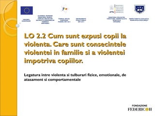 LO 2.2LO 2.2 Cum sunt expusi copii laCum sunt expusi copii la
violenta. Care sunt consecinteleviolenta. Care sunt consecintele
violentei in familie si a violenteiviolentei in familie si a violentei
impotriva copiilor.impotriva copiilor.
 
 
UNIUNEA
EUROPEANĂ
GUVERNUL ROMANIEI
MINISTERUL MUNCII,
FAMILIEI, PROTECŢIEI
SOCIALE I PERSOANELORȘ
VARSNICE
AMPOSDRU
 
FONDUL SOCIAL
EUROPEAN
POSDRU 2007-2013
 
INSTRUMENTE
STRUCTURALE
2007-2013
 
MINISTERUL EDUCATIEI,
CERCETARII, TINERETULUI SI
SPORTULUI
OIPOSDRU
INSPECTORATUL ŞCOLAR AL
MUNICIPIULUI BUCUREŞTI
Legatura intre violenta si tulburari fizice, emotionale, de
atasament si comportamentale
 