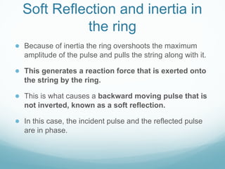 Soft Reflection and inertia in
the ring
● Because of inertia the ring overshoots the maximum
amplitude of the pulse and pulls the string along with it.
● This generates a reaction force that is exerted onto
the string by the ring.
● This is what causes a backward moving pulse that is
not inverted, known as a soft reflection.
● In this case, the incident pulse and the reflected pulse
are in phase.
 