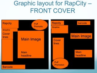 Graphic layout for RapCity –
FRONT COVER
Rapcity
Main Image
Strapline
Cover
lines
Barcode
Puff
Promotio
n
Main
headline
Rapcity
Main Image
Strapline
Cover
lines
Puff
Promotion
Main
headline
barcode
 