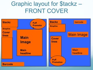 Graphic layout for $tackz –
FRONT COVER
$tackz
Main
Image
Strapline
Cover
lines
Barcode
Puff
Promotio
n
Main
headline
$tackz
Main Image
Strapline
Cover
lines
Puff
Promotion
Main
headline
barcode
 
