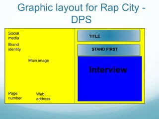 Interview
Main image
Page
number
Social
media
Graphic layout for Rap City -
DPS
Brand
identity
Web
address
TITLE
STAND FIRST
 