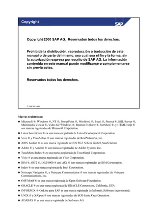 Copyright



        Copyright 2000 SAP AG. Reservados todos los derechos.


        Prohibida la distribución, reproducción o traducción de este
        manual o de parte del mismo, sea cual sea el fin y la forma, sin
        la autorización expresa por escrito de SAP AG. La información
        contenida en este manual puede modificarse o complementarse
        sin previo aviso.


        Reservados todos los derechos.




         SAP AG 1999




Marcas registradas:
   Microsoft ®, Windows ®, NT ®, PowerPoint ®, WinWord ®, Excel ®, Project ®, SQL-Server ®,
    Multimedia Viewer ®, Video for Windows ®, Internet Explorer ®, NetShow ®, y HTML Help ®
    son marcas registradas de Microsoft Corporation.
   Lotus ScreenCam ® es una marca registrada de Lotus Development Corporation.
   Vivo ® y VivoActive ® son marcas registradas de RealNetworks, Inc.
   ARIS Toolset ® es una marca registrada de IDS Prof. Scheer GmbH, Saarbrücken
   Adobe ® y Acrobat ® son marcas registradas de Adobe Systems Inc.
   TouchSend Index ® es una marca registrada de TouchSend Corporation.
   Visio ® es una marca registrada de Visio Corporation.
   IBM ®, OS/2 ®, DB2/6000 ® and AIX ® son marcas registradas de IBM Corporation.
   Indeo ® es una marca registrada de Intel Corporation.
   Netscape Navigator ®, y Netscape Communicator ® son marcas registradas de Netscape
    Communications, Inc.
   OSF/Motif ® es una marca registrada de Open Software Foundation.
   ORACLE ® es una marca registrada de ORACLE Corporation, California, USA.
   INFORMIX ®-OnLine para SAP es una marca registrada de Informix Software Incorporated.
   UNIX ® y X/Open ® son marcas registradas de SCO Santa Cruz Operation.
   ADABAS ® es una marca registrada de Software AG
 